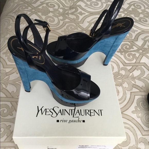 Yves Saint Laurent Blue Patent/Suede Wedge Sandals - Picture 4 of 11